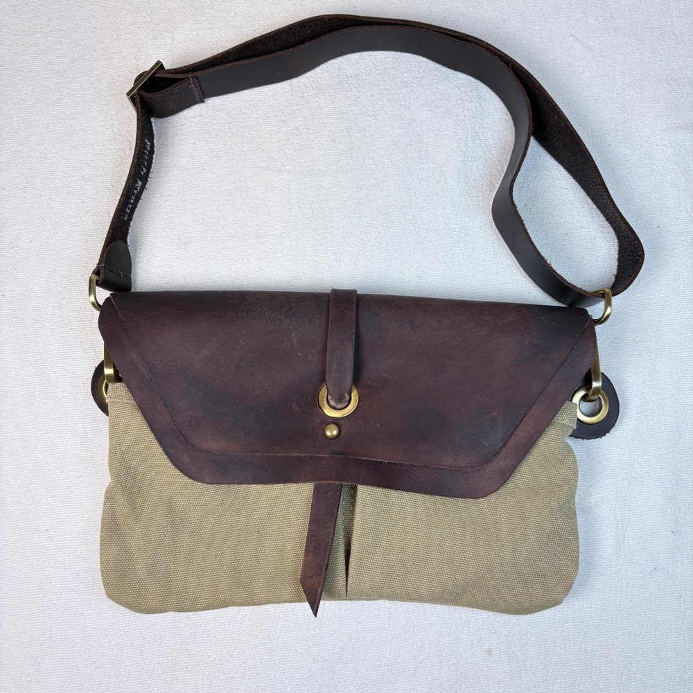 Ruth Kraus Israel Leather Canvas Crossbody Bag Waist Pouch Brown Artisan Boho